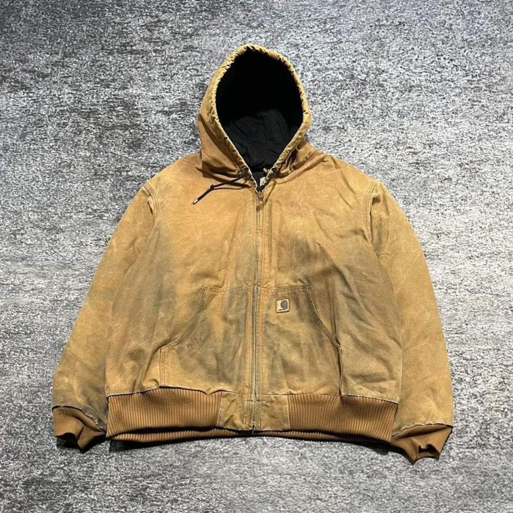 Carhartt‎ Hooded Jacket Mens XL Tan Distressed Quilted Canvas Vintage Workwear